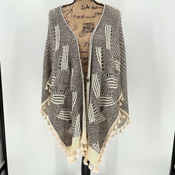 Roffe Pommed Hem Knit Kimono Wrap Cardigan Sweater Cream Grey Women One Size - Picture 2 of 7